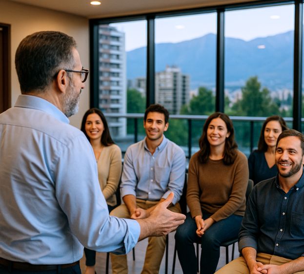 Equipo profesional de Aníbal Ahumada en oficina moderna - Administración de edificios y condominios en Chile con vista a la ciudad